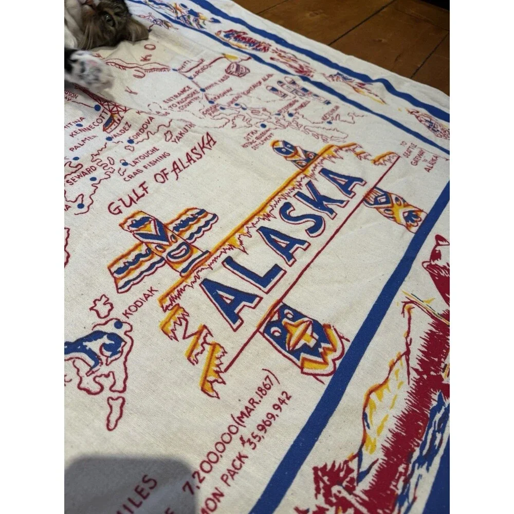 VTG Majestic Alaska Map Souvenir Linen Tablecloth Handkerchief LARGE 44x49 60s